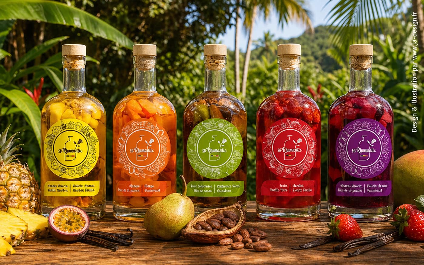 Création d'une gamme d'étiquettes pour un rhum artisanal coloré So'Rhumantic par JA Design graphiste à Bordeaux