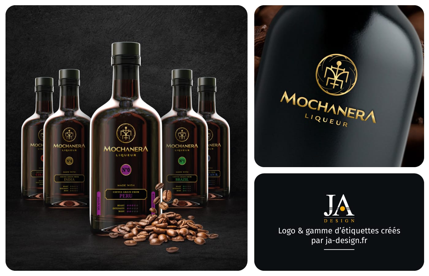 logo et étiquette liqueur café premium noir or MOCHANERA par JA Design graphiste à Bordeaux