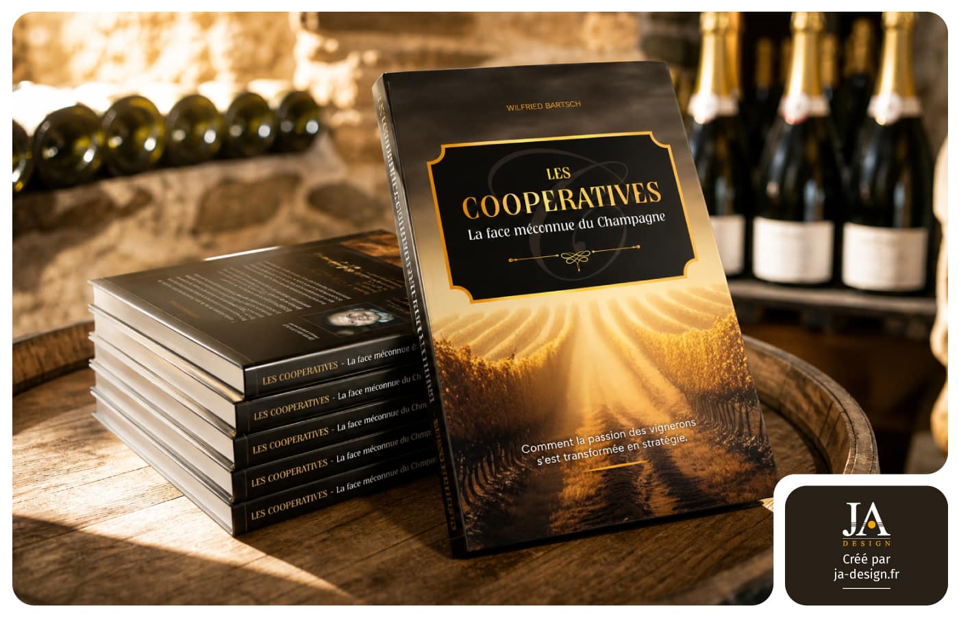Création couverture livre Champagne coopératives viticoles par graphiste freelance Bordeaux