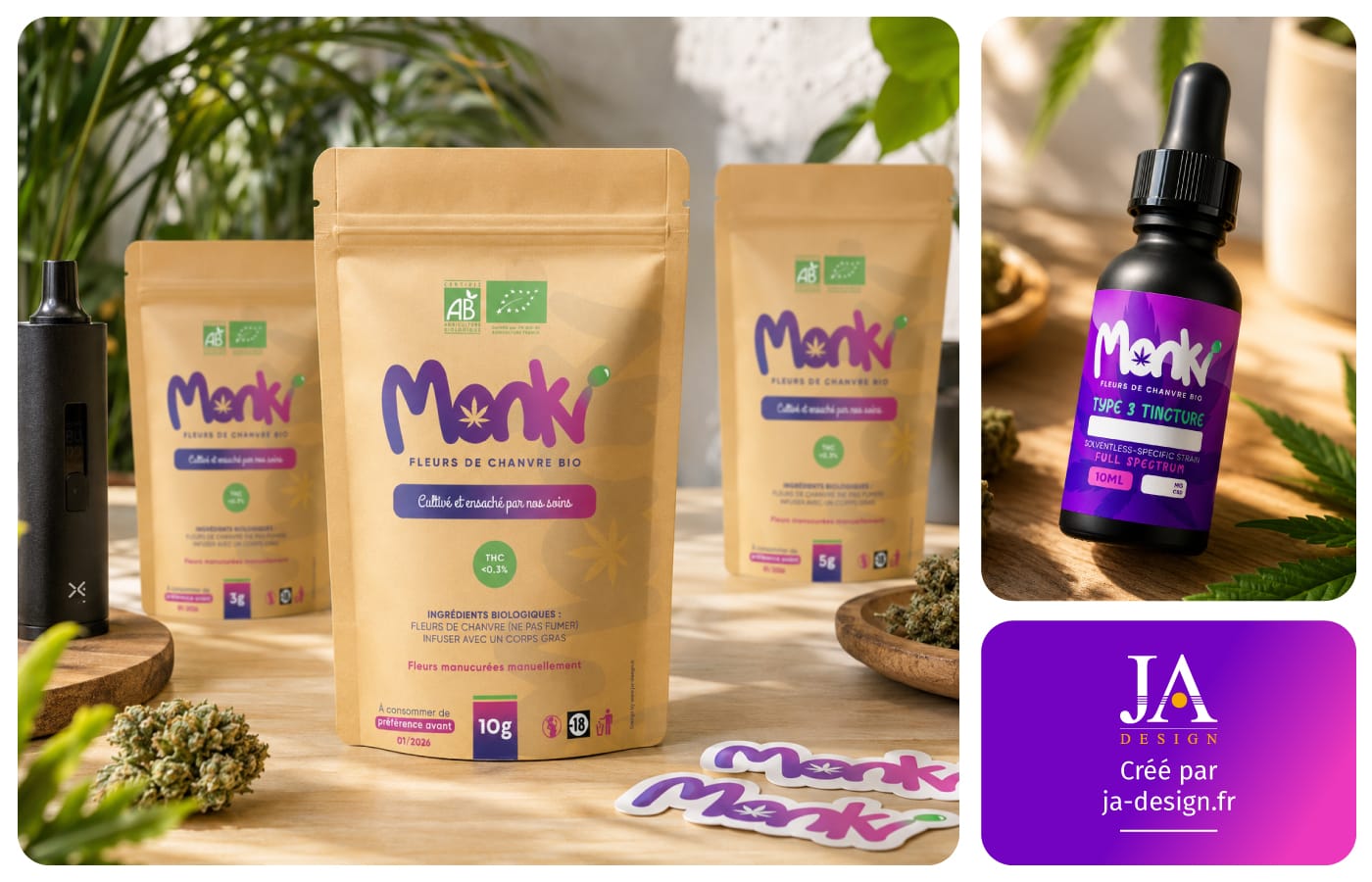 Création packaging cbd MONKI par JA Design graphiste à Bordeaux