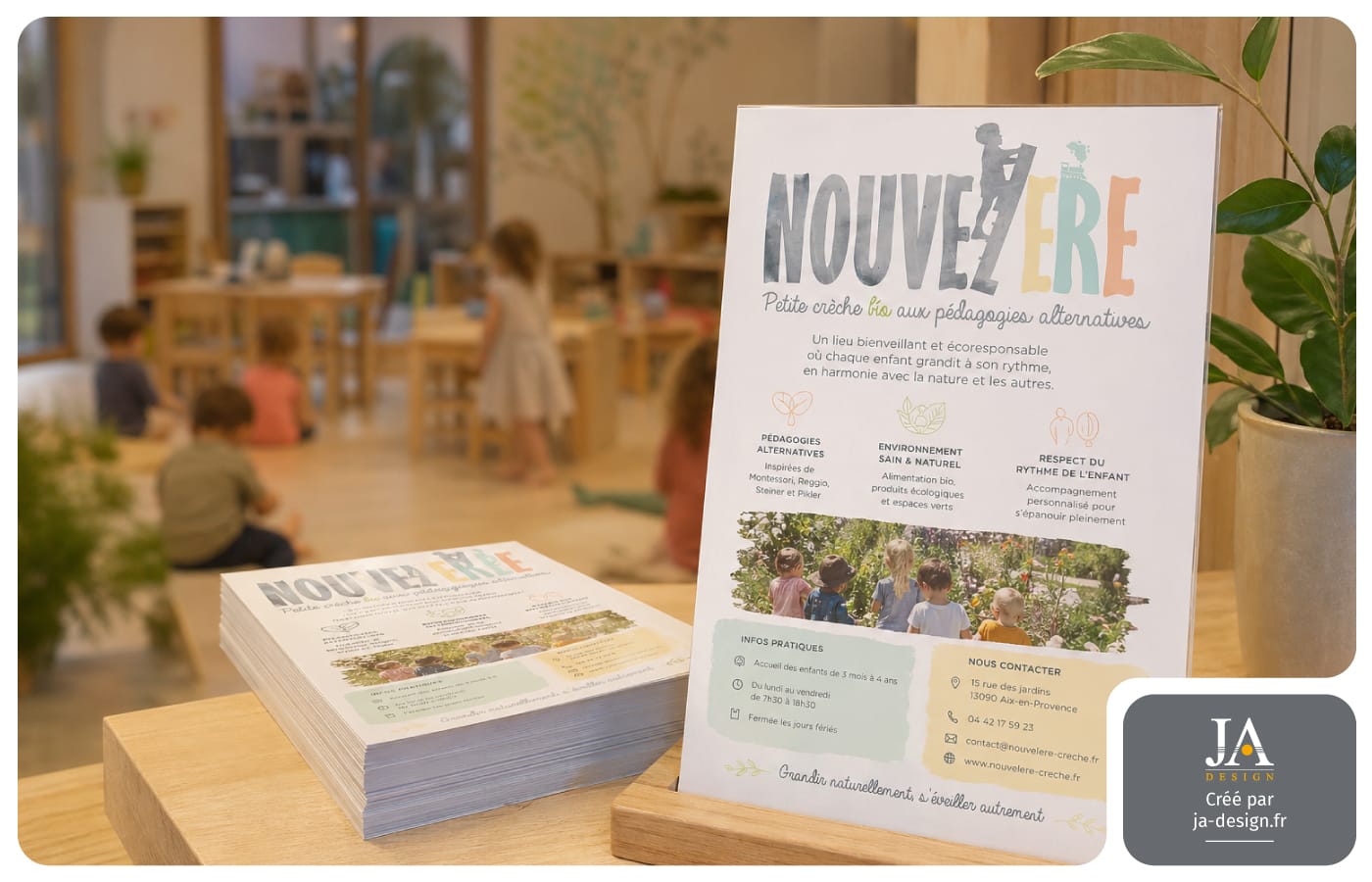 Flyer crèche bio créé par graphiste freelance à Bordeaux