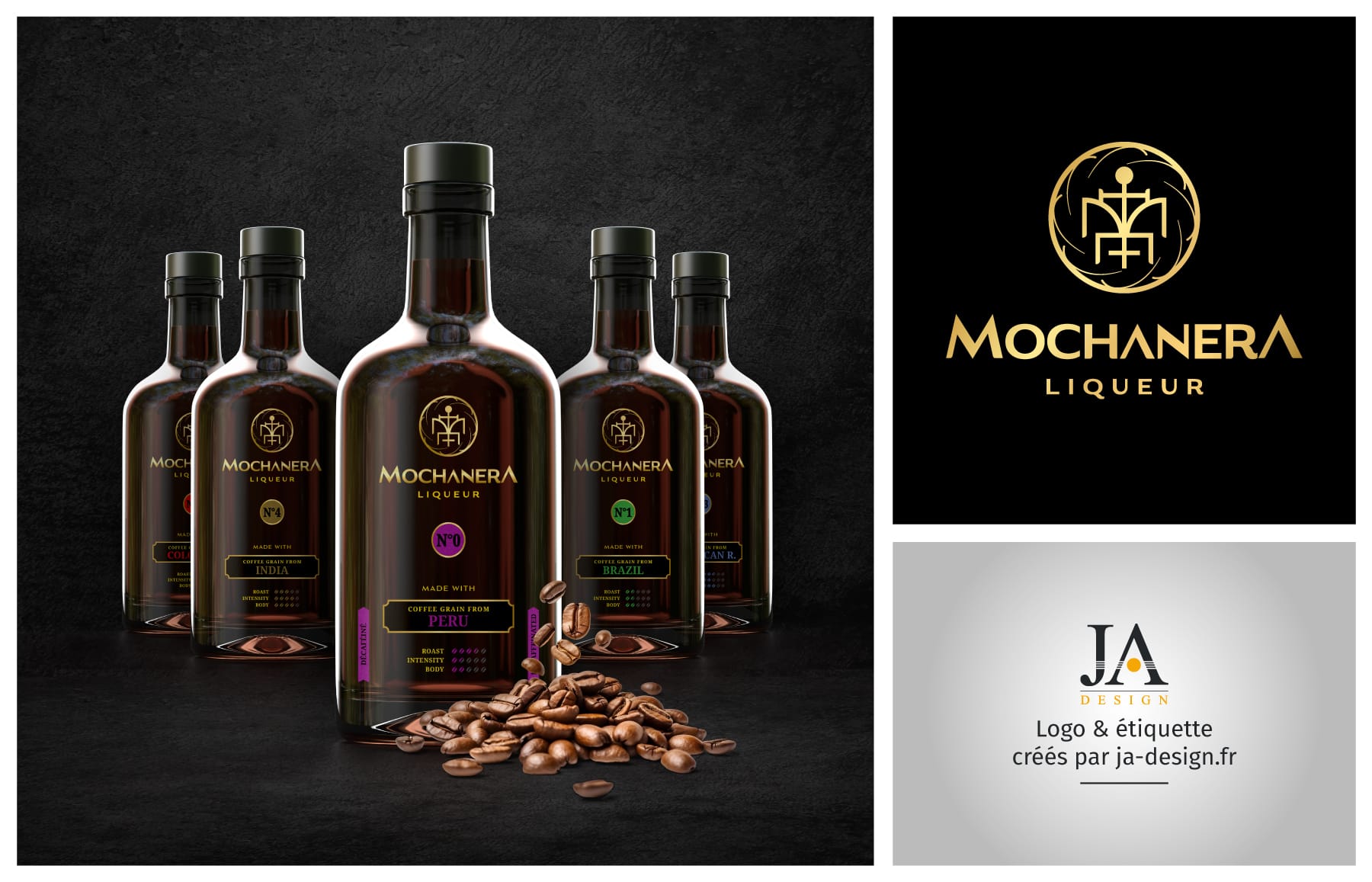 Création d'un logo, d'une étiquette et de ses déclinaisons pour une gamme de liqueur de café "Mochanera" - Par JA Design