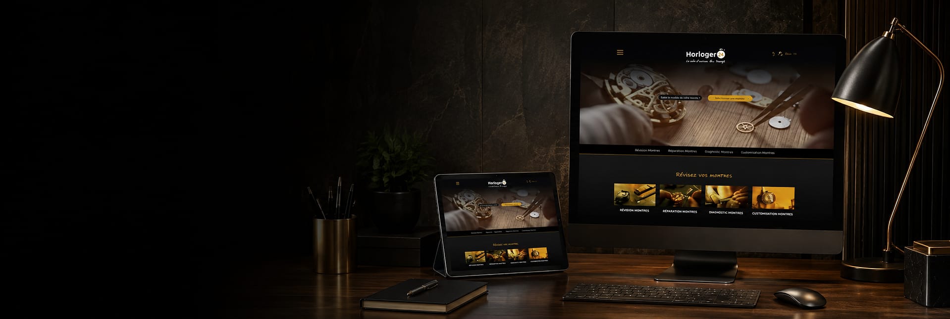 Création de maquette de site internet affichée sur un écran d'ordinateur et une tablette, réalisée par JA Design, graphiste freelance à Bordeaux.