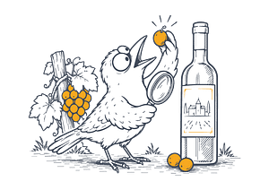 Mascotte merle illustrant le dessin et la création d'étiquette de vin et spiritueux chez JA Design