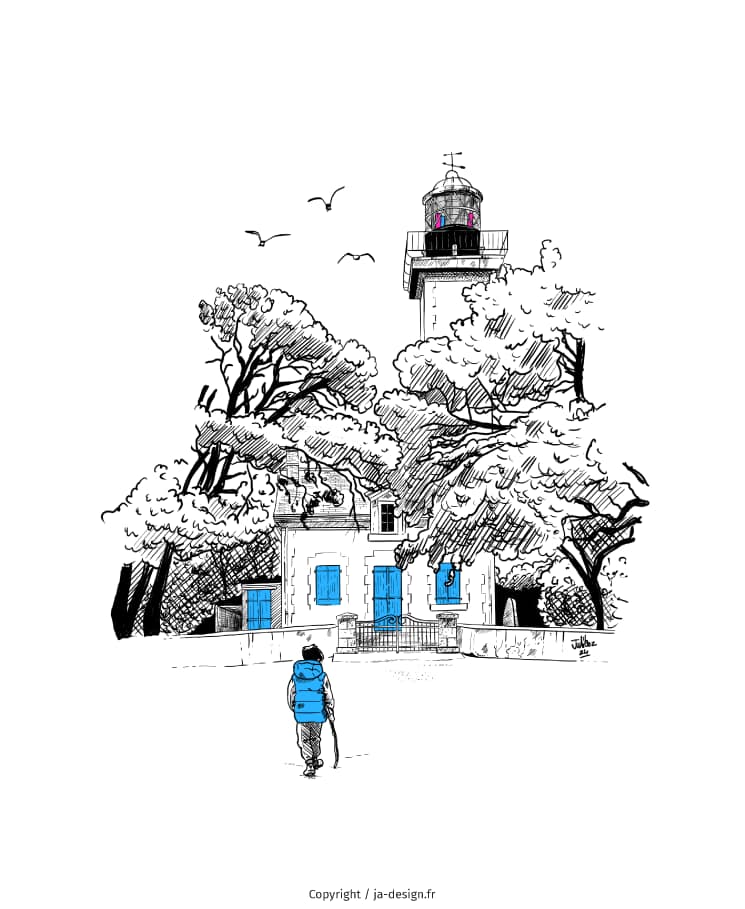 Illustration au trait d'un paysage de Noirmoutier, le phare de la plage des Dames par JA Design à Bordeaux