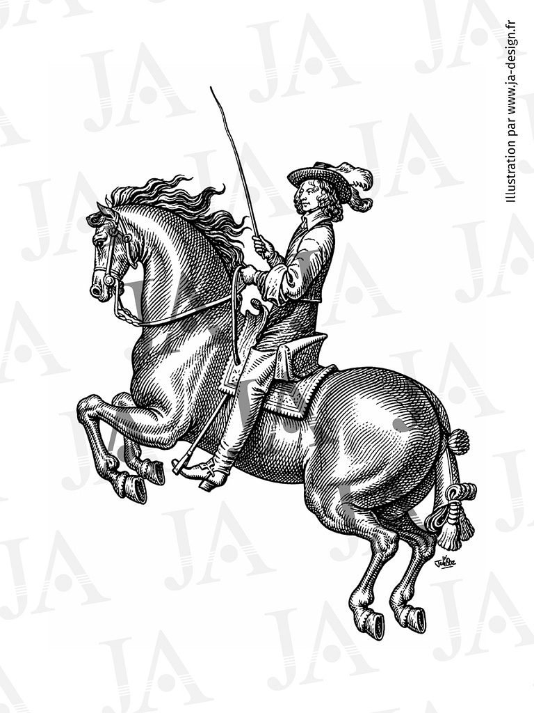 illustration traditionnelle gravure cheval et cavalier