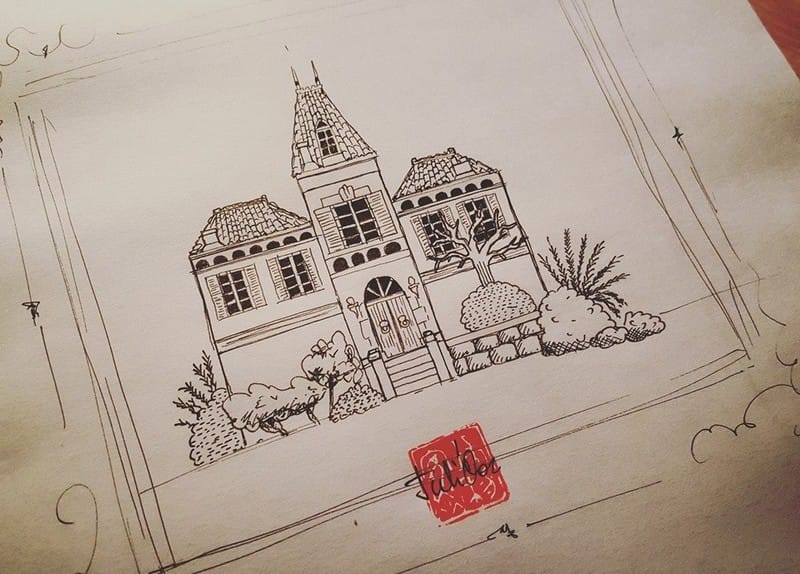 Illustration d'une demeure bordelaise au trait pour la création d'une étiquette de vin de Bordeaux par JA Design graphiste freelance Bordeaux