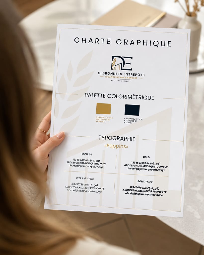 Transformation d'un logo généré par IA en une identité visuelle professionnelle pour Desbonnets Entrepôts, charte graphique réalisée par JA Design.