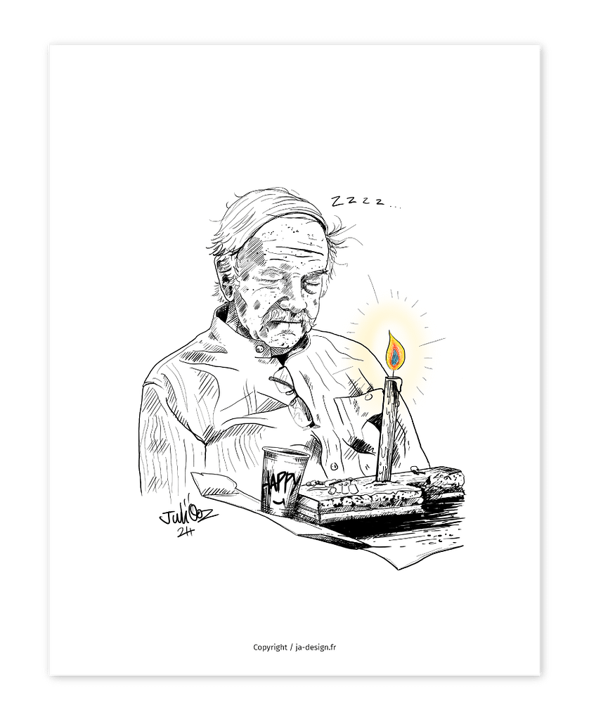 Illustration au trait d'un grand-père à son anniversaire par l'artiste JA Design Juliooz