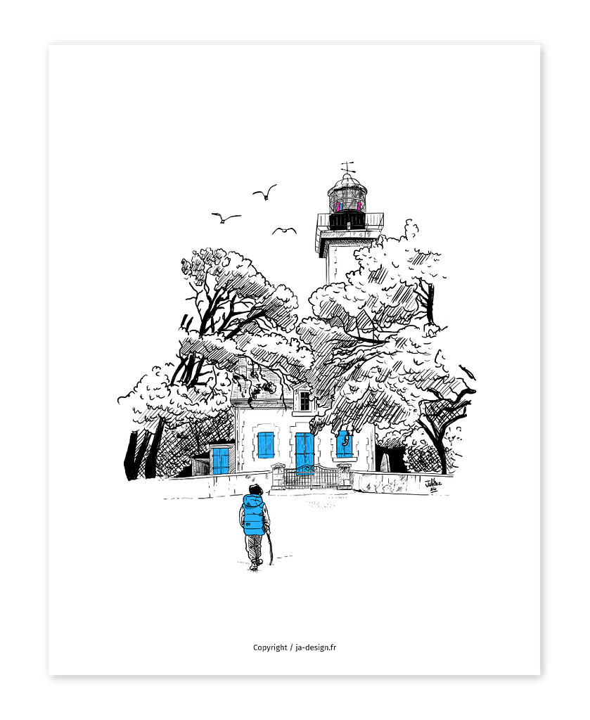 Illustration au trait d'un paysage de Noirmoutier, le phare de la plage des Dames par l'artiste JA Design Juliooz