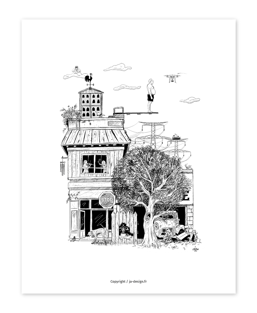 Illustration au trait et composition sortie de l'imaginaire de Juliooz, style post-apocalyptique en noir et blanc par l'artiste JA Design Juliooz