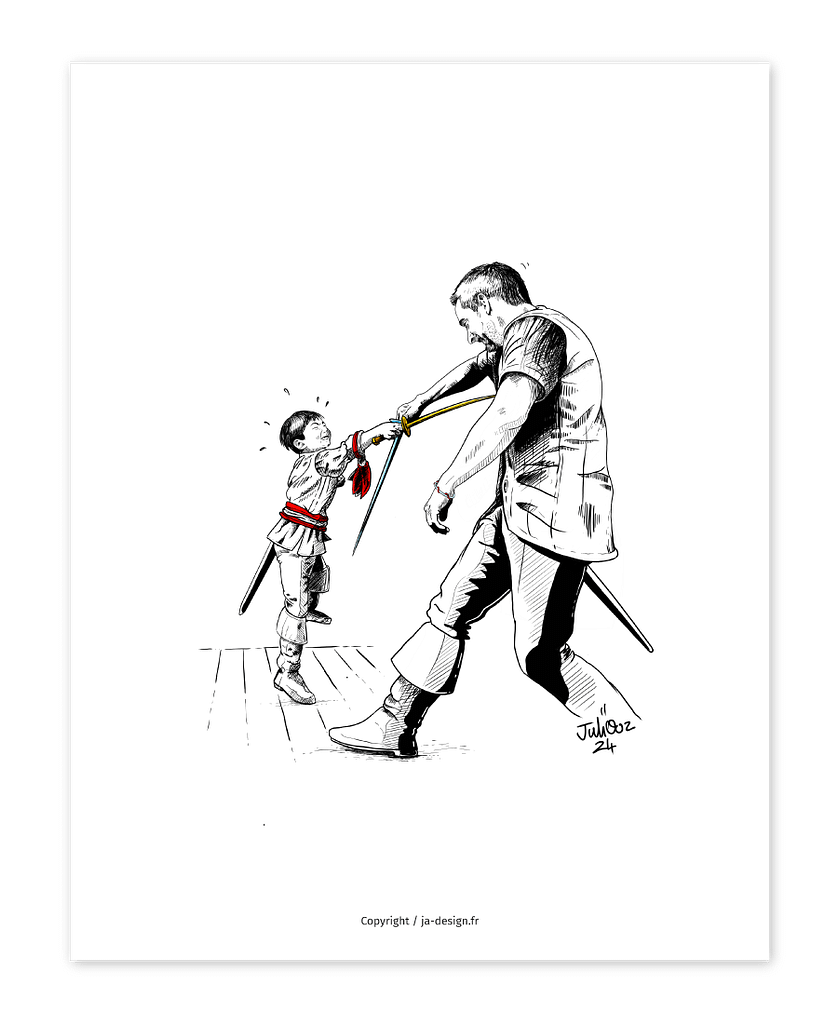 Illustration au trait et portrait de deux combattants pirates en noir et blanc par l'artiste JA Design Juliooz